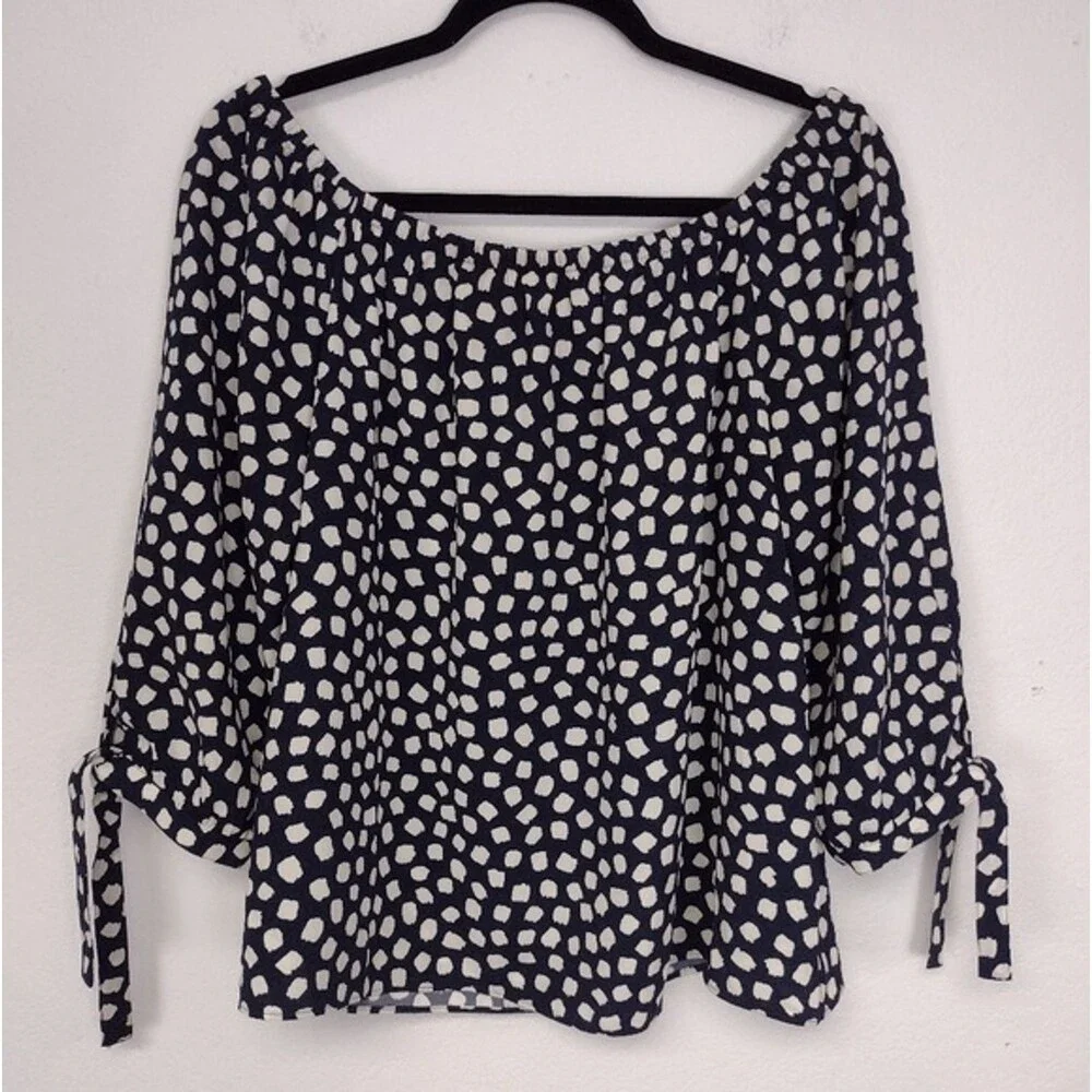 J Crew Blouse Navy/White 3/4 Tie Sleeve Elastic Neck Oversized Sz S Career